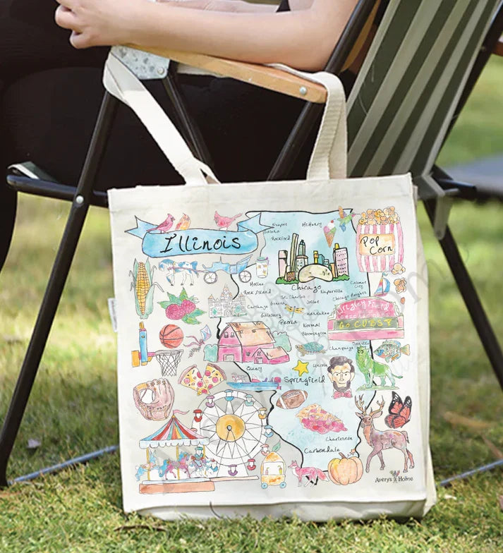 Illinois State Map cotton tote bag, art by Avery Jackson