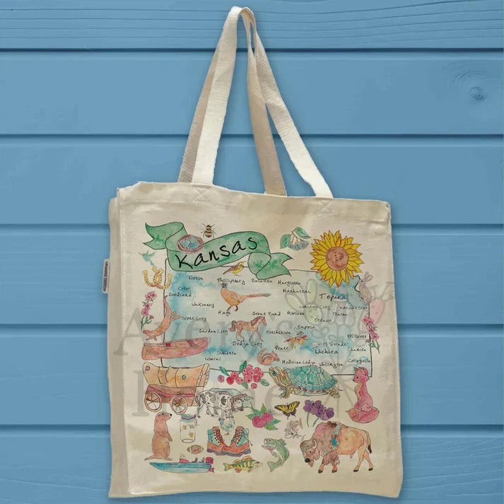Kansas State Map cotton tote bag, art by Avery Jackson