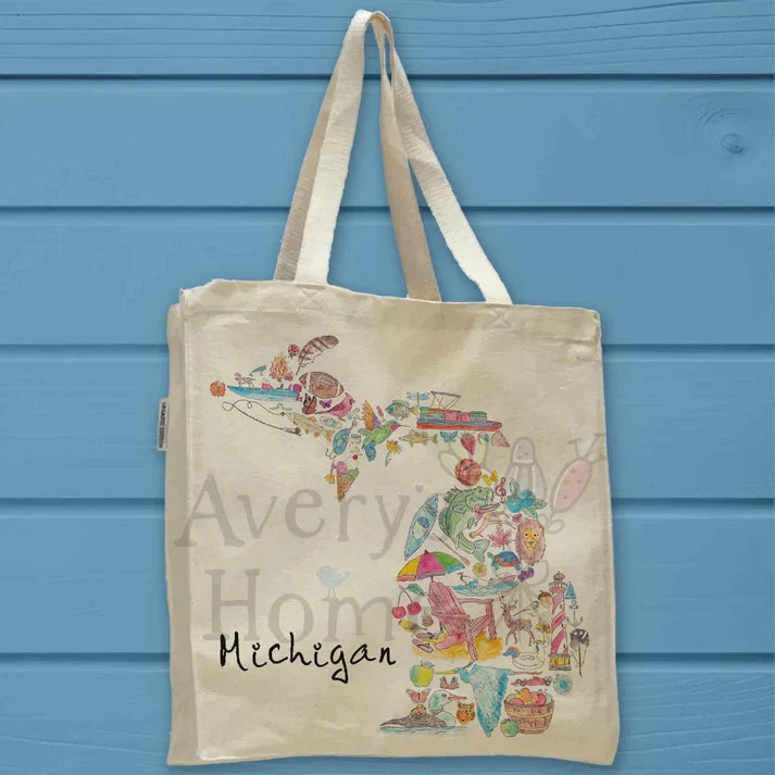 Michigan State Icons Map cotton tote bag, art by Avery Jackson
