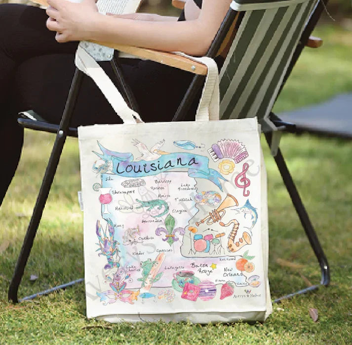 Louisiana State Map cotton tote bag, art by Avery Jackson