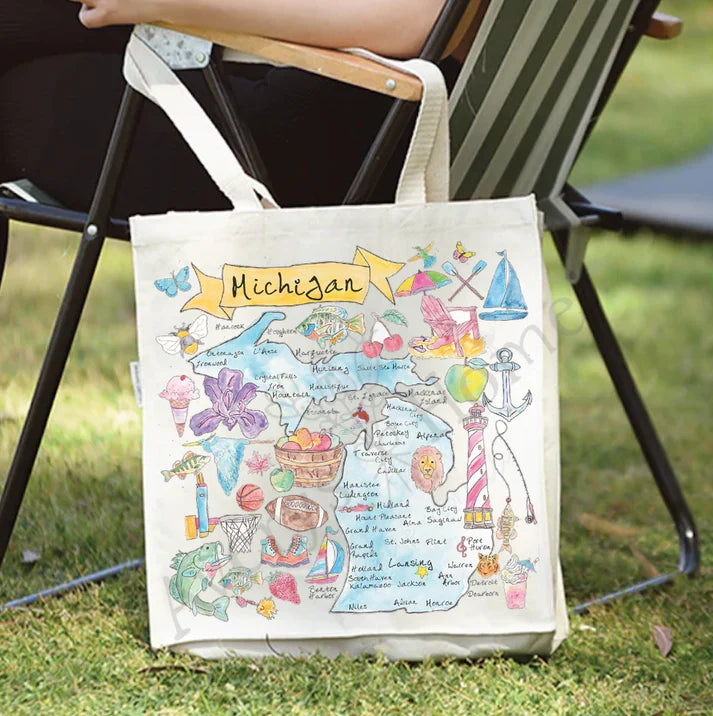 Michigan State Map cotton tote bag, art by Avery Jackson