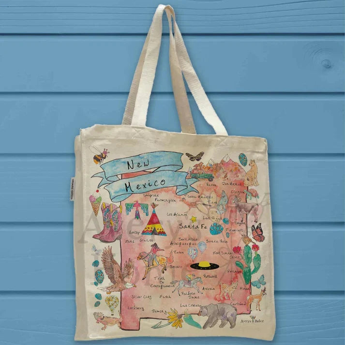 New Mexico State Map cotton tote bag, art by Avery Jackson