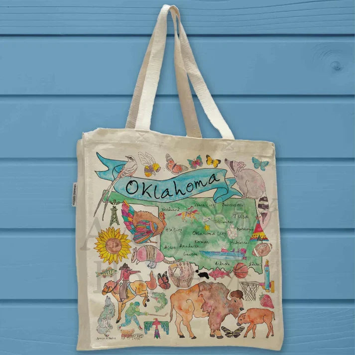 Oklahoma State Map cotton tote bag, art by Avery Jackson
