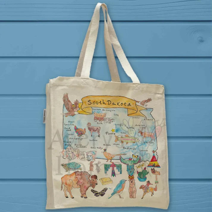 South Dakota State Map cotton tote bag, art by Avery Jackson