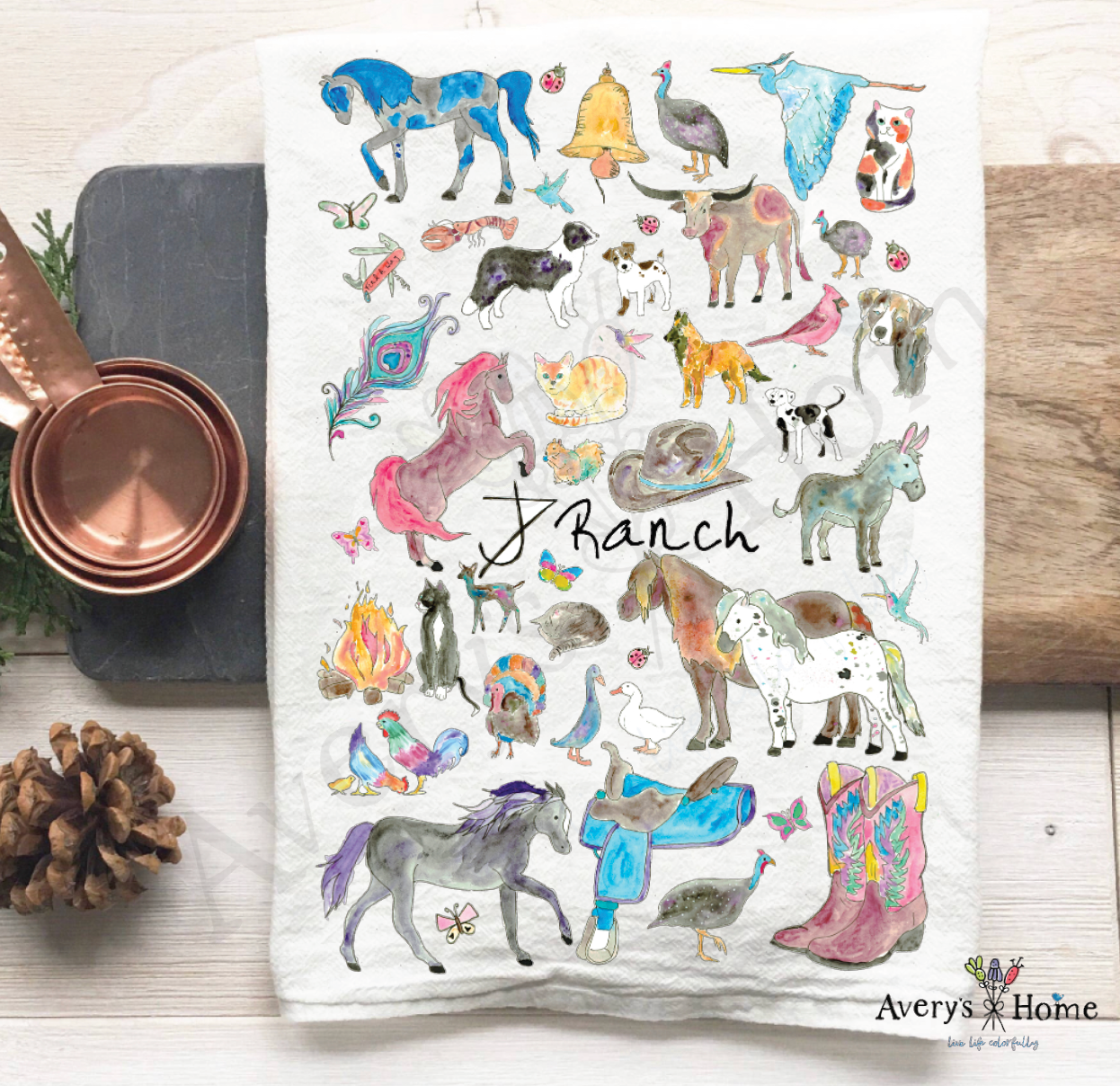 J7 Ranch Indiana flour sack dish towel, art by Avery Jackson