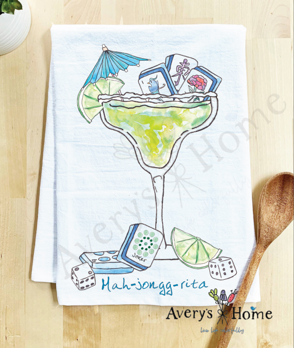 Mahjong Rita Cocktail flour sack dish towel, art by Avery Jackson