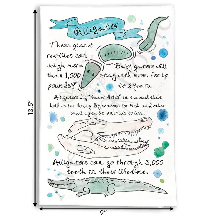 Alligator Facts dish towel, 27x27 flour sack cotton