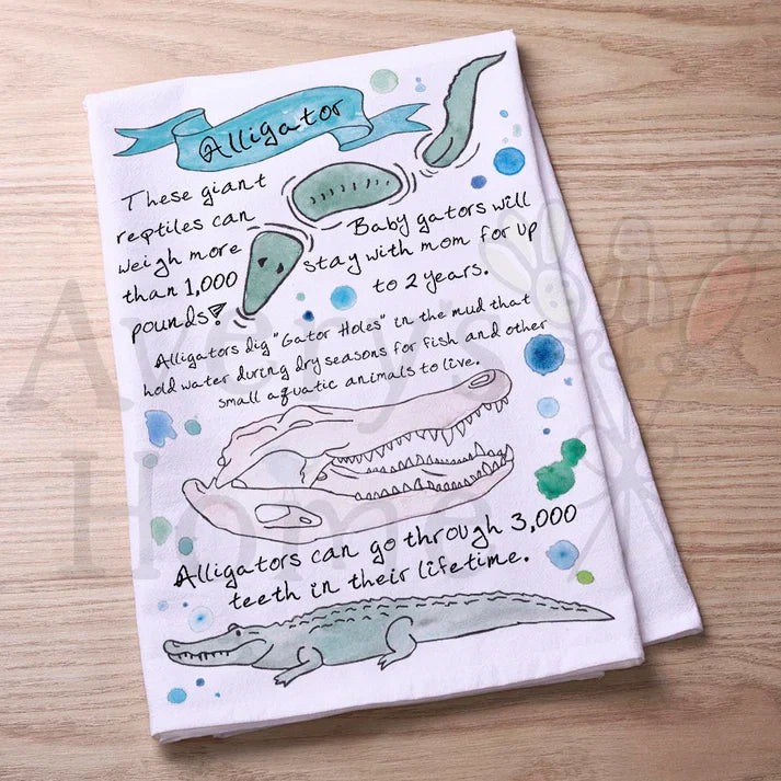 Alligator Facts flour sack dish towel, art by Avery Jackson