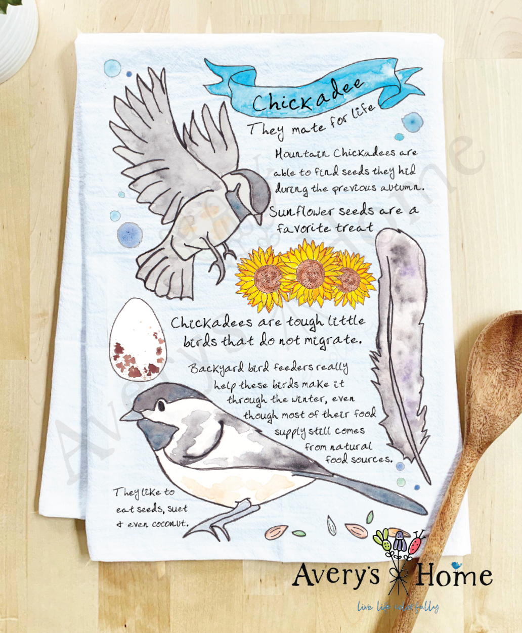 Chickadee Bird Facts flour sack dish towel, art by Avery Jackson