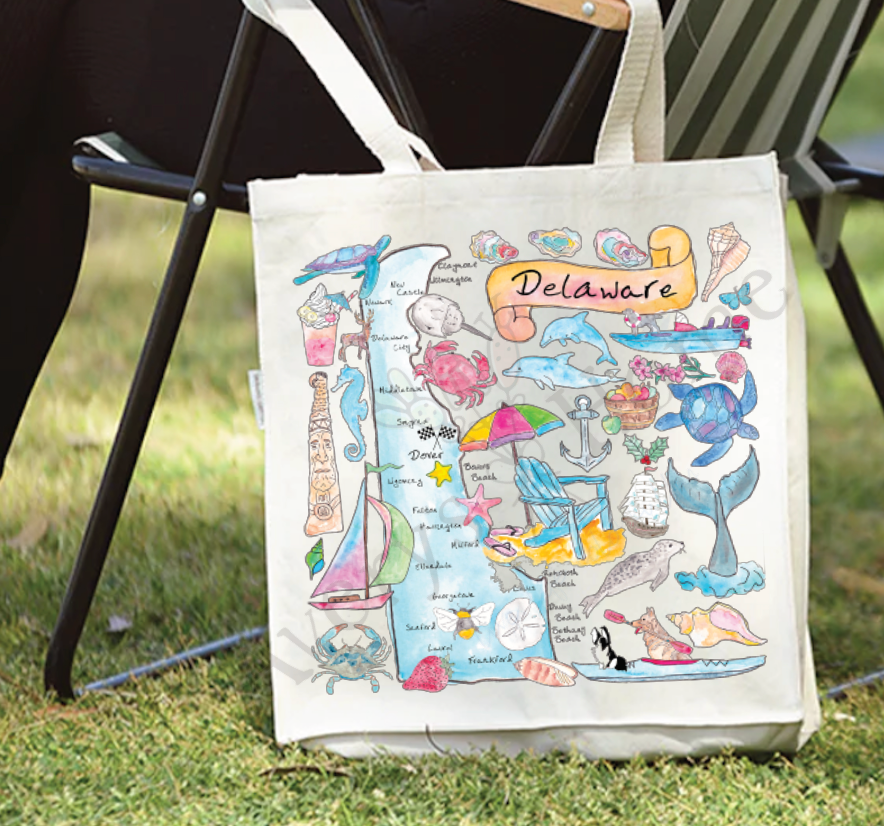 Delaware State Map cotton tote bag, art by Avery Jackson