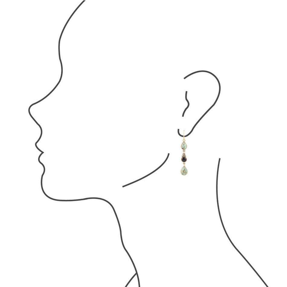 Barcelona Blue Turquoise and Black Onyx Linear Drop Golden Earrings