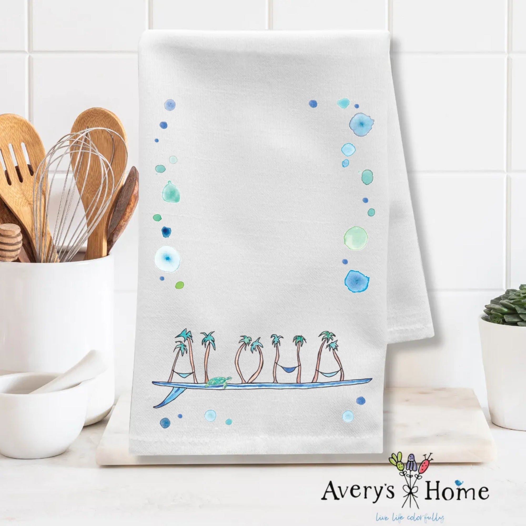 Aloha Surfboard dish towel folded, 27x27 flour sack cotton