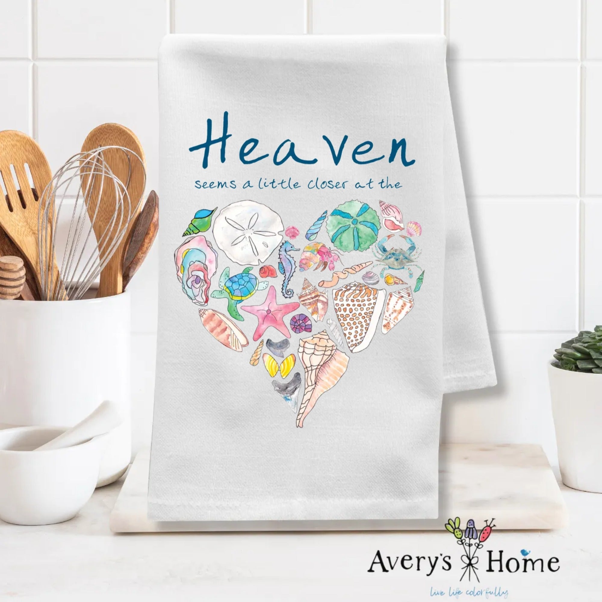 Heaven At the Beach dish towel folded, 27x27 flour sack cotton