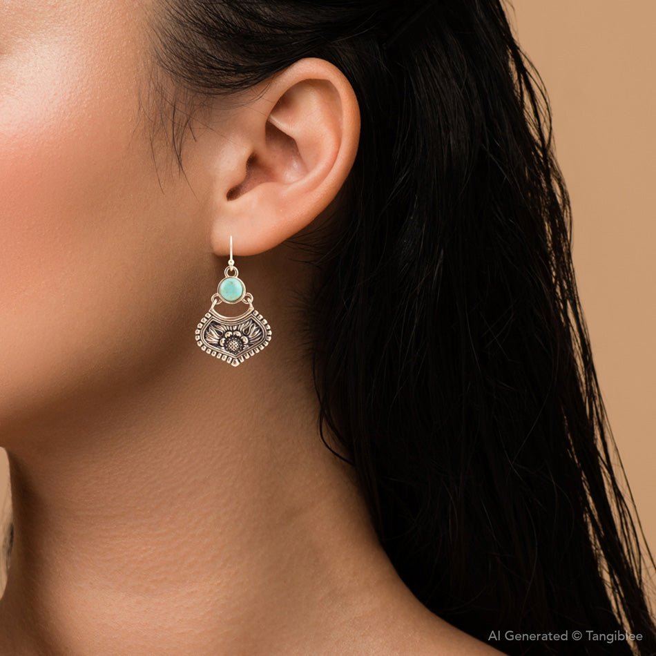 Blue Turquoise Flourish Golden Drop Earrings
