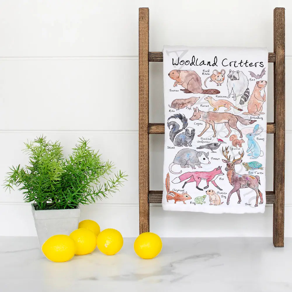 Woodland Critters dish towel hanging in the kitchen