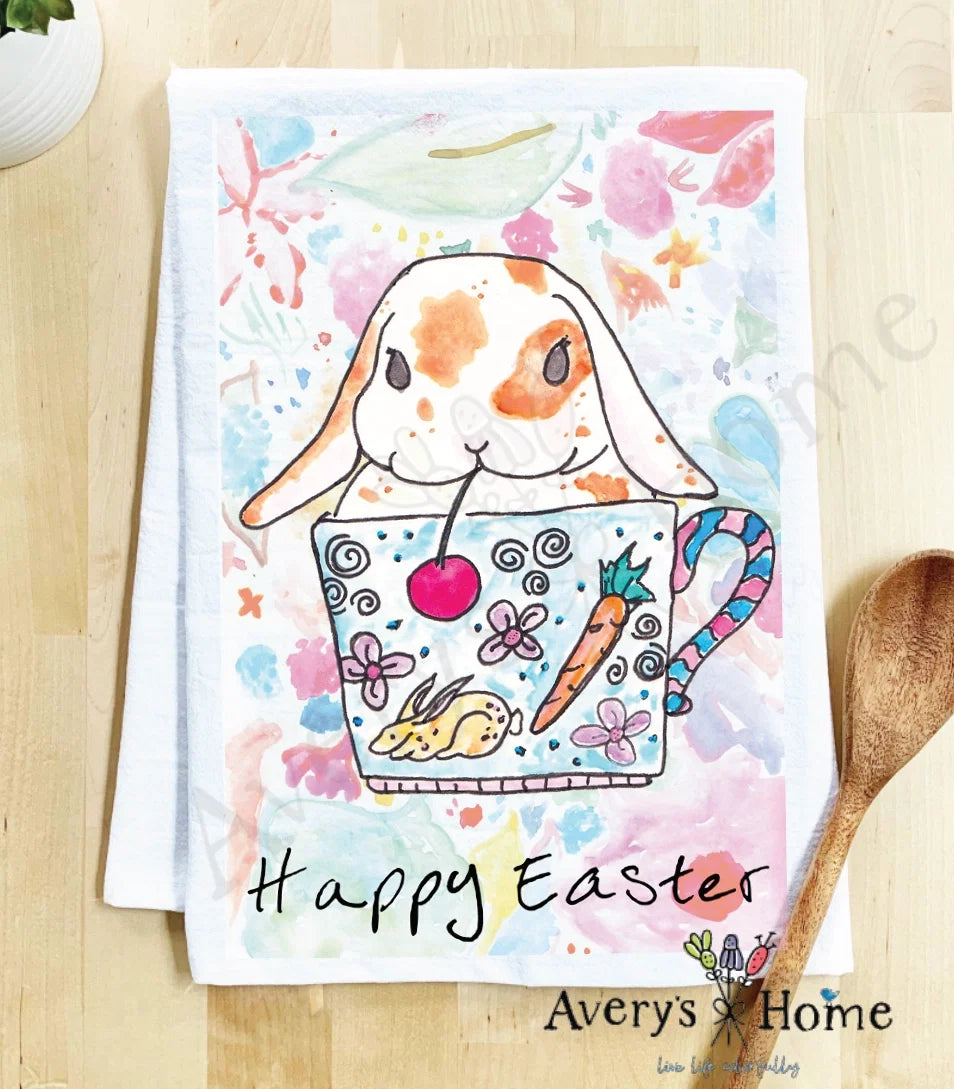 Happy Easter Teacup Bunny flour sack dish towel, art by Avery Jackson