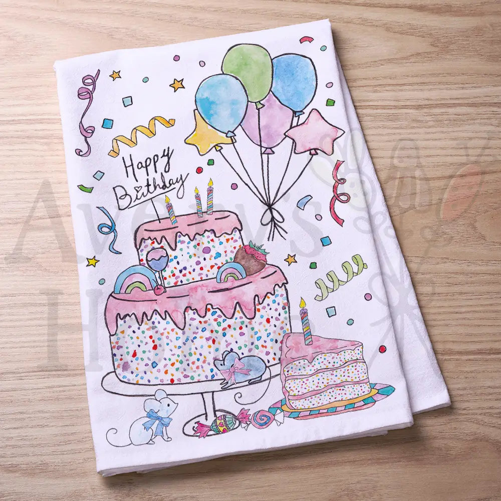 Happy Birthday Cake flour sack dish towel, art by Avery Jackson