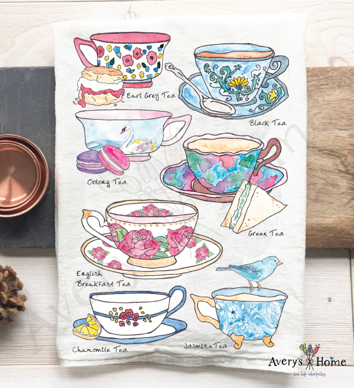 Teas in Teacups flour sack dish towel, art by Avery Jackson
