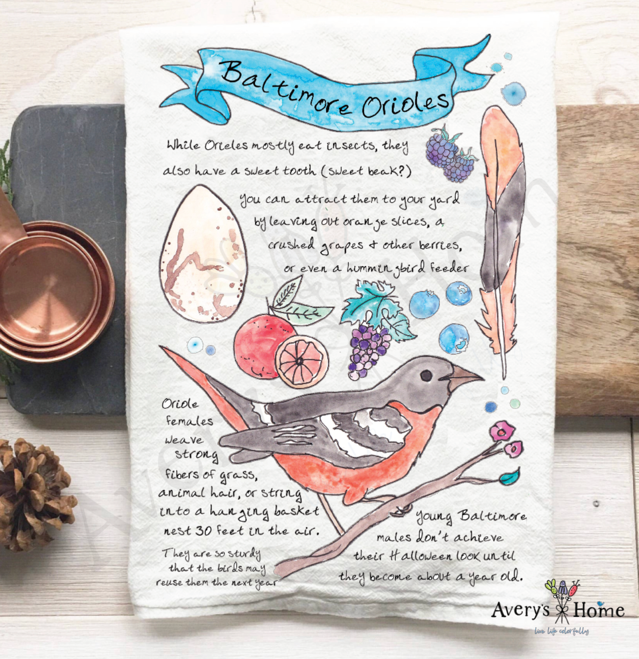 Baltimore Oriole Bird Facts flour sack dish towel, art by Avery Jackson