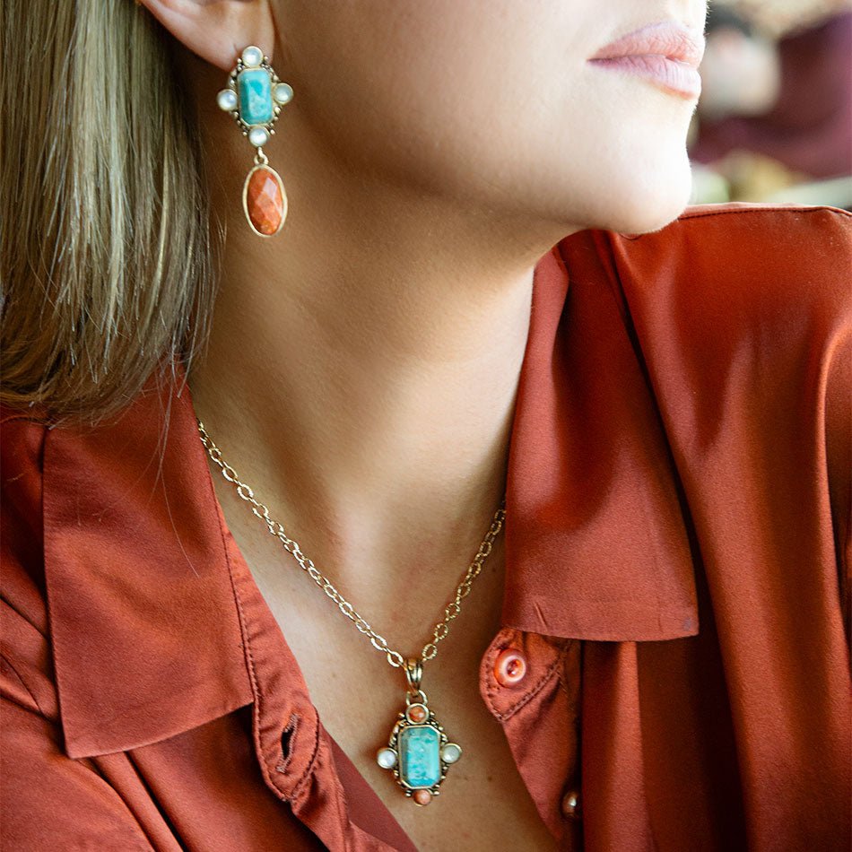 Champs Blue Turquoise and Orange Coral Golden Pendant Necklace