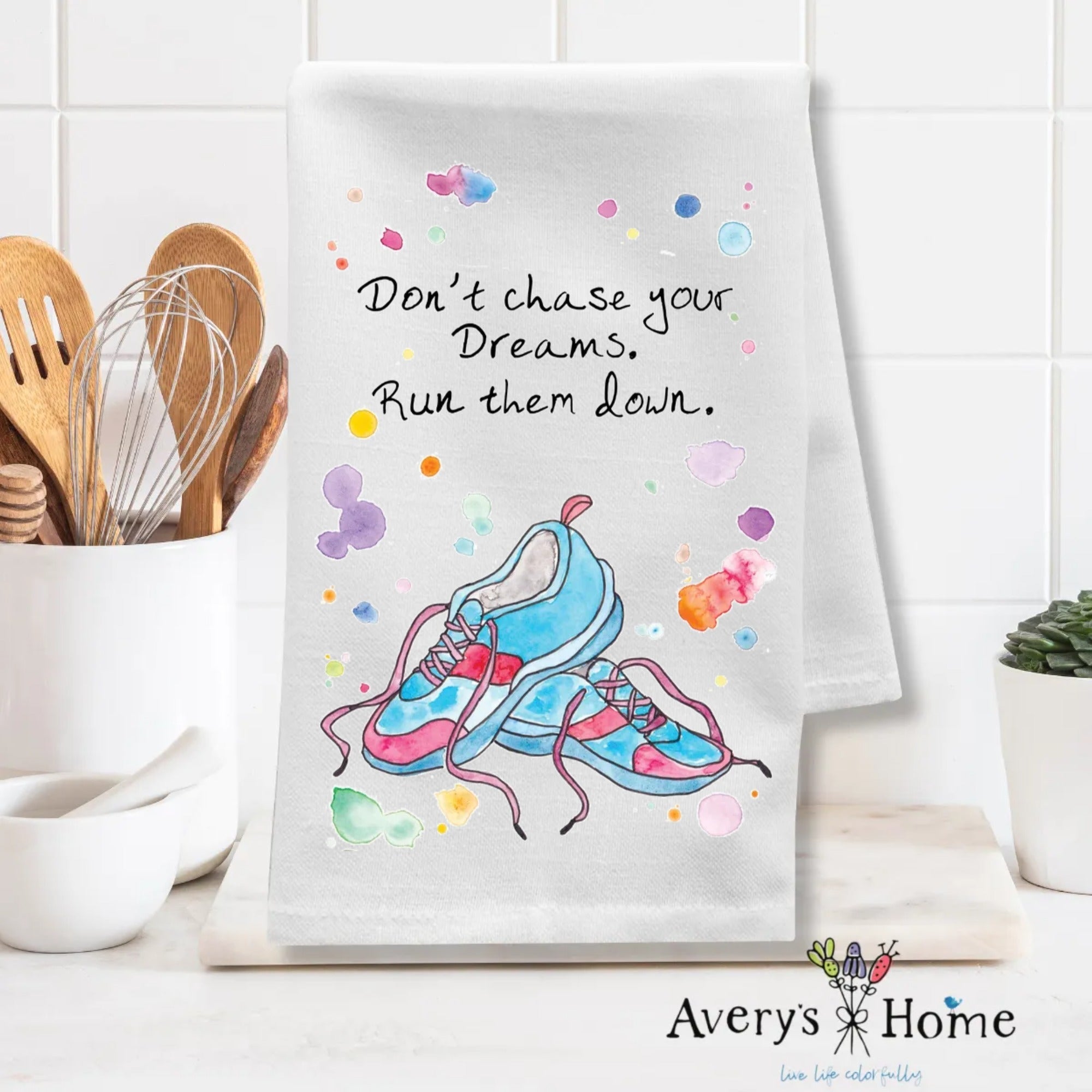 Run Your Dreams Down dish towel design detail