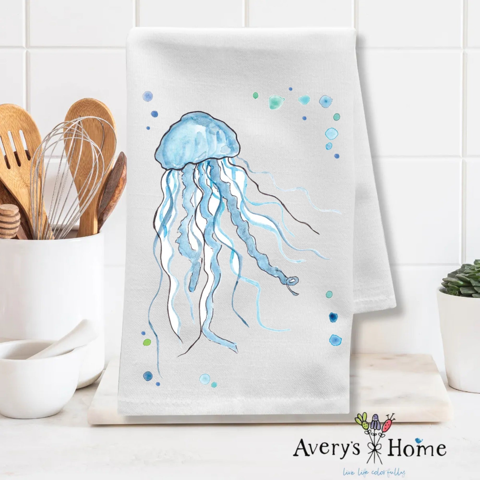 Jellyfish dish towel folded, 27x27 flour sack cotton
