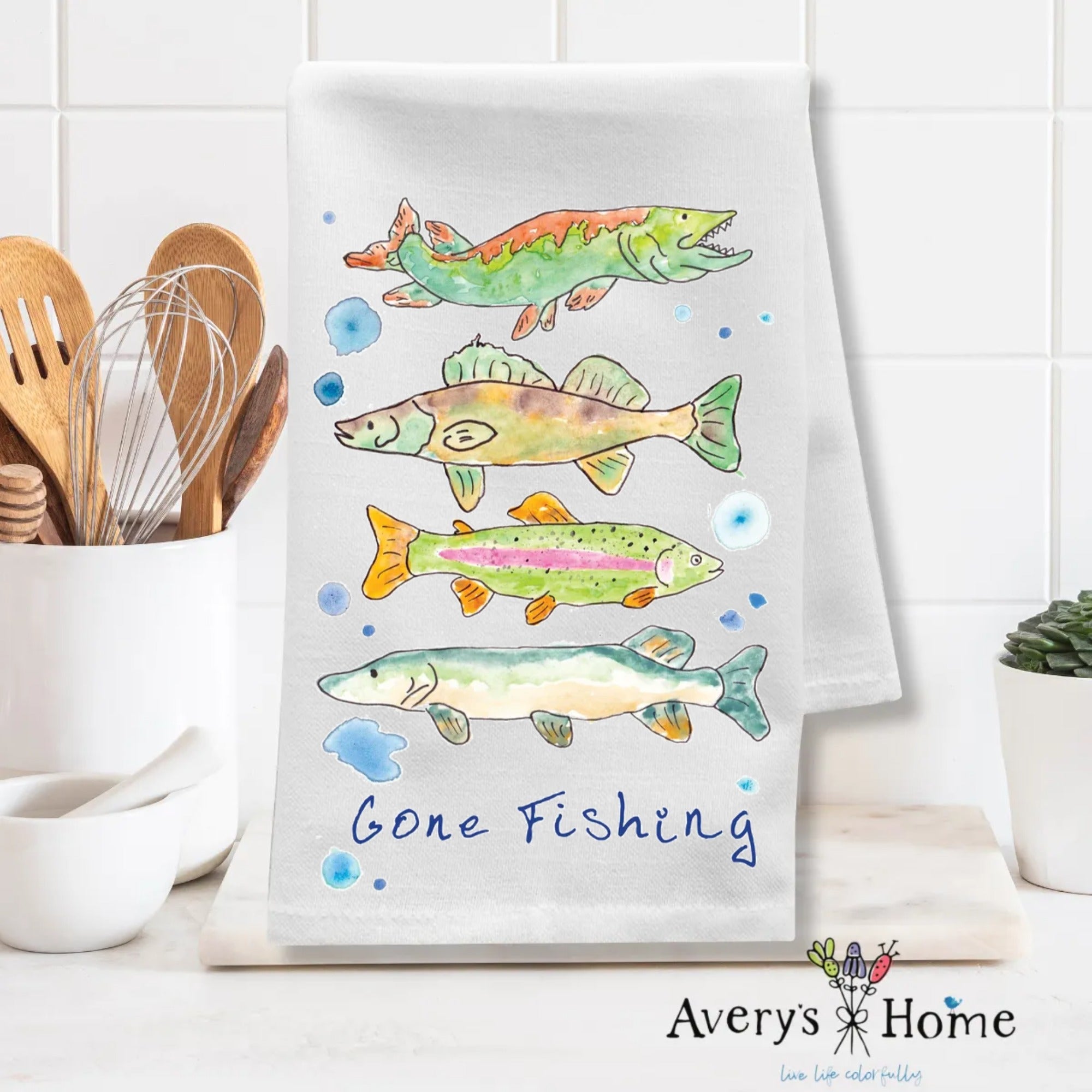 Gone Fishing dish towel folded, 27x27 flour sack cotton