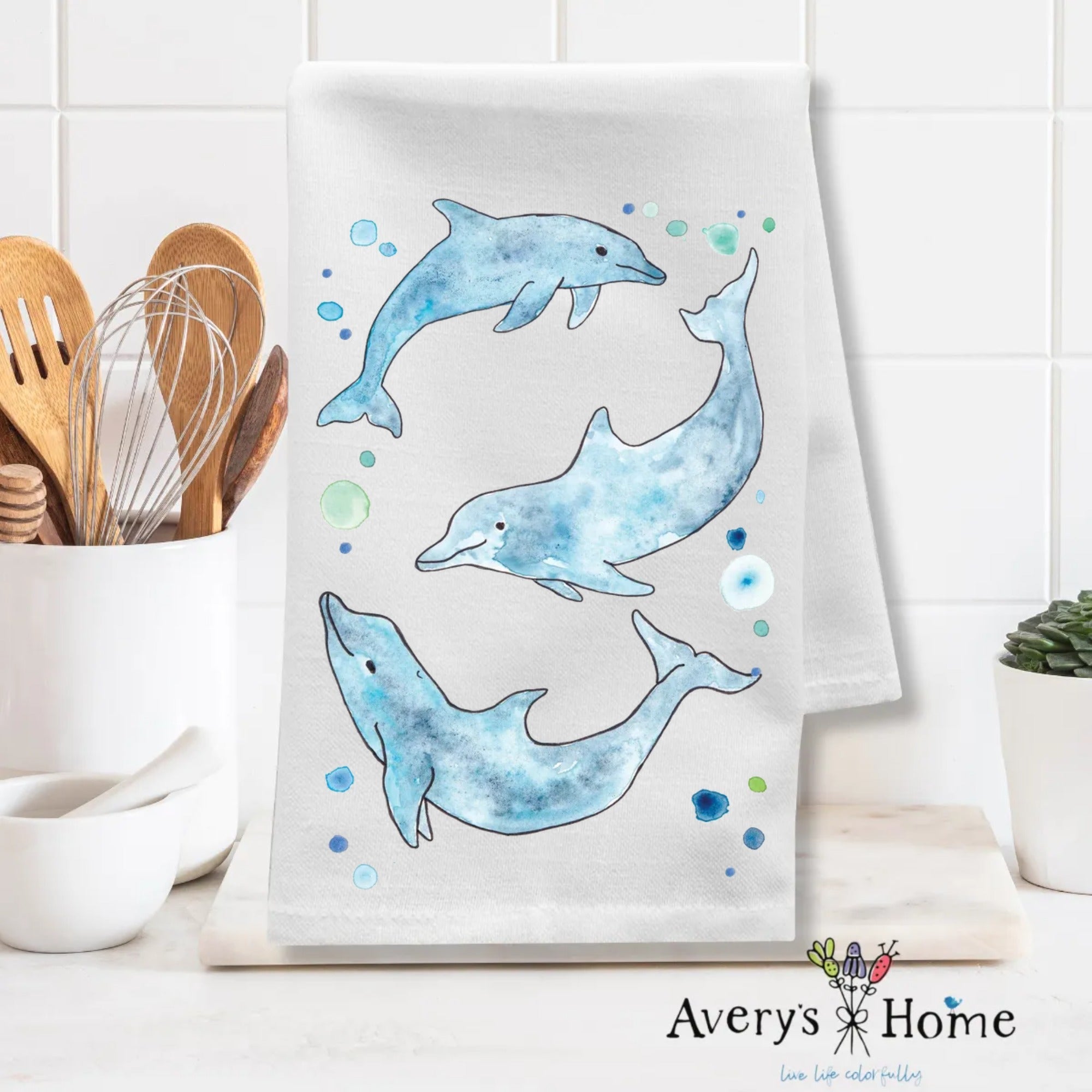 Dolphins dish towel folded, 27x27 flour sack cotton