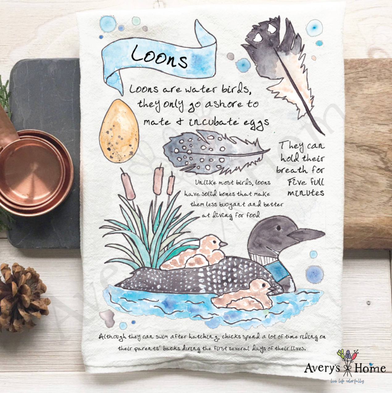 Common Loon Bird Facts flour sack dish towel, art by Avery Jackson