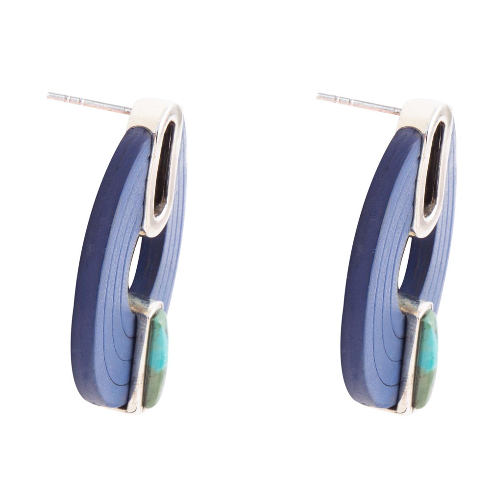 Discus Blue Turquoise and Leather Sterling Silver Earrings