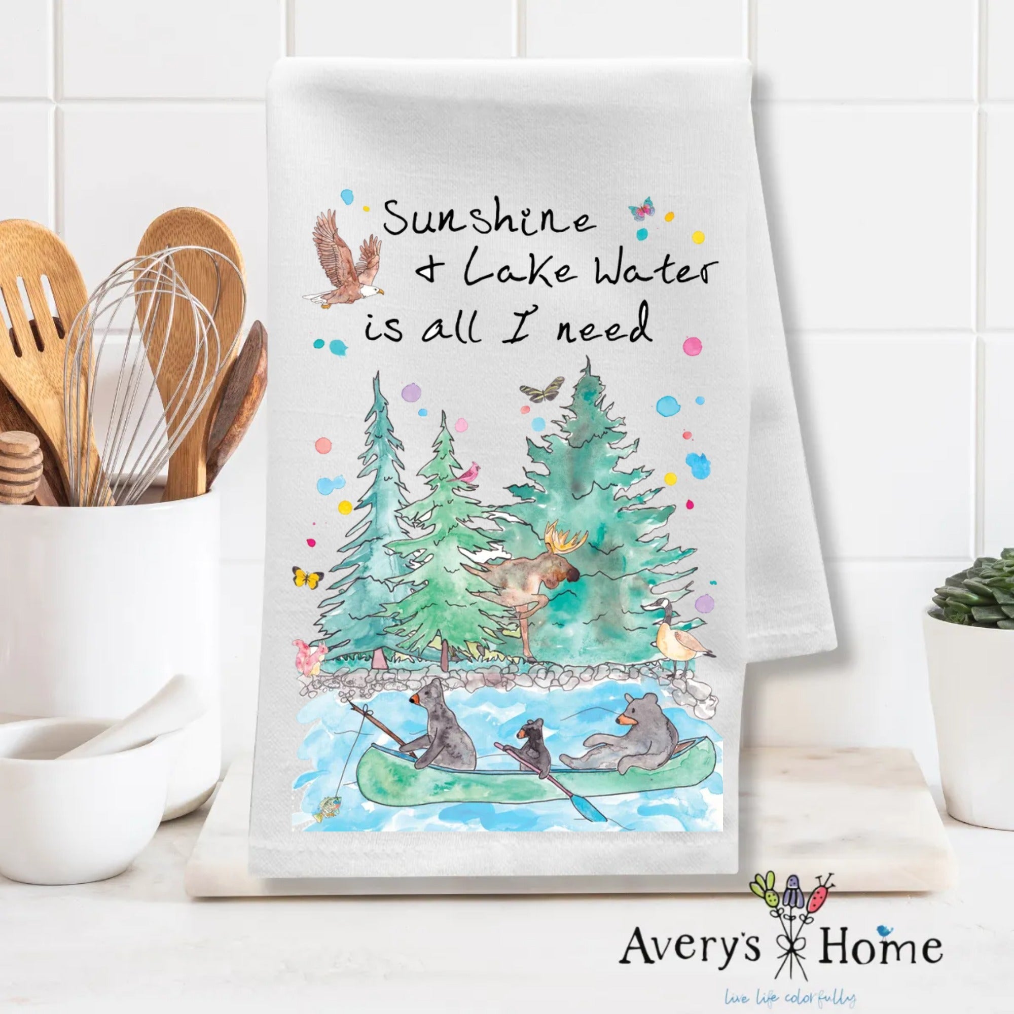 Sunshine and Lake Water dish towel design detail