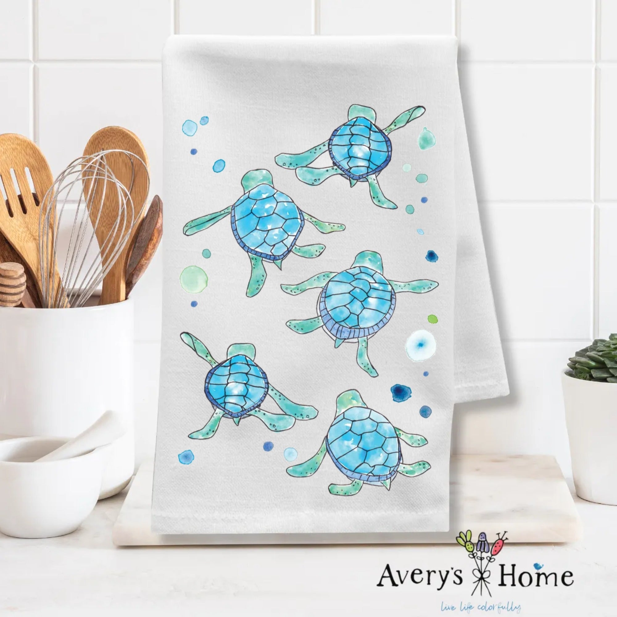 Baby Turtles Walking dish towel folded, 27x27 flour sack cotton