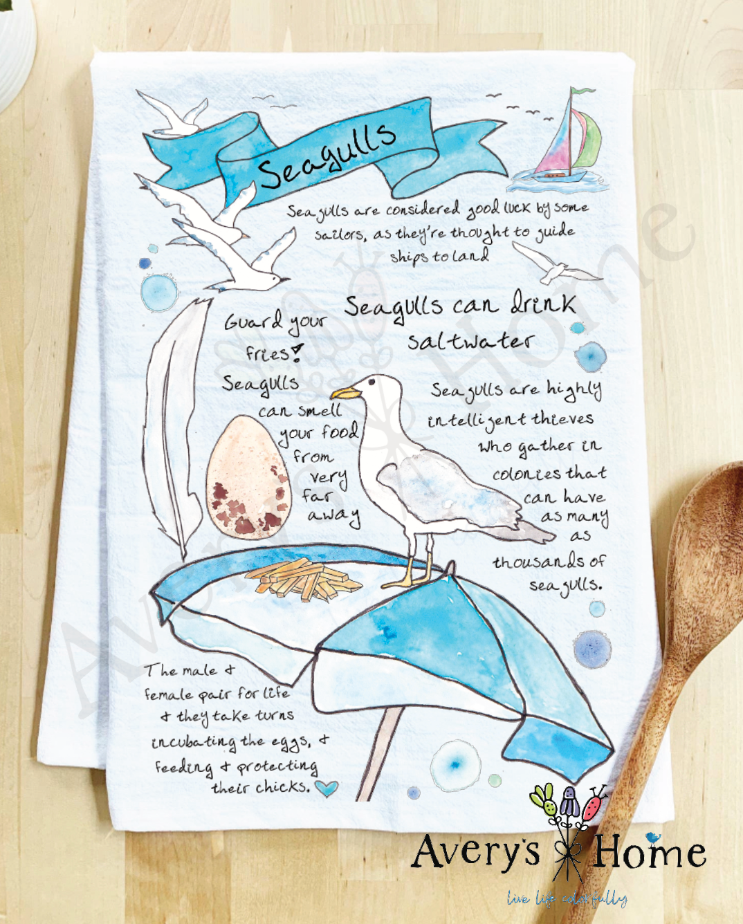 Seagull Bird Facts flour sack dish towel, art by Avery Jackson