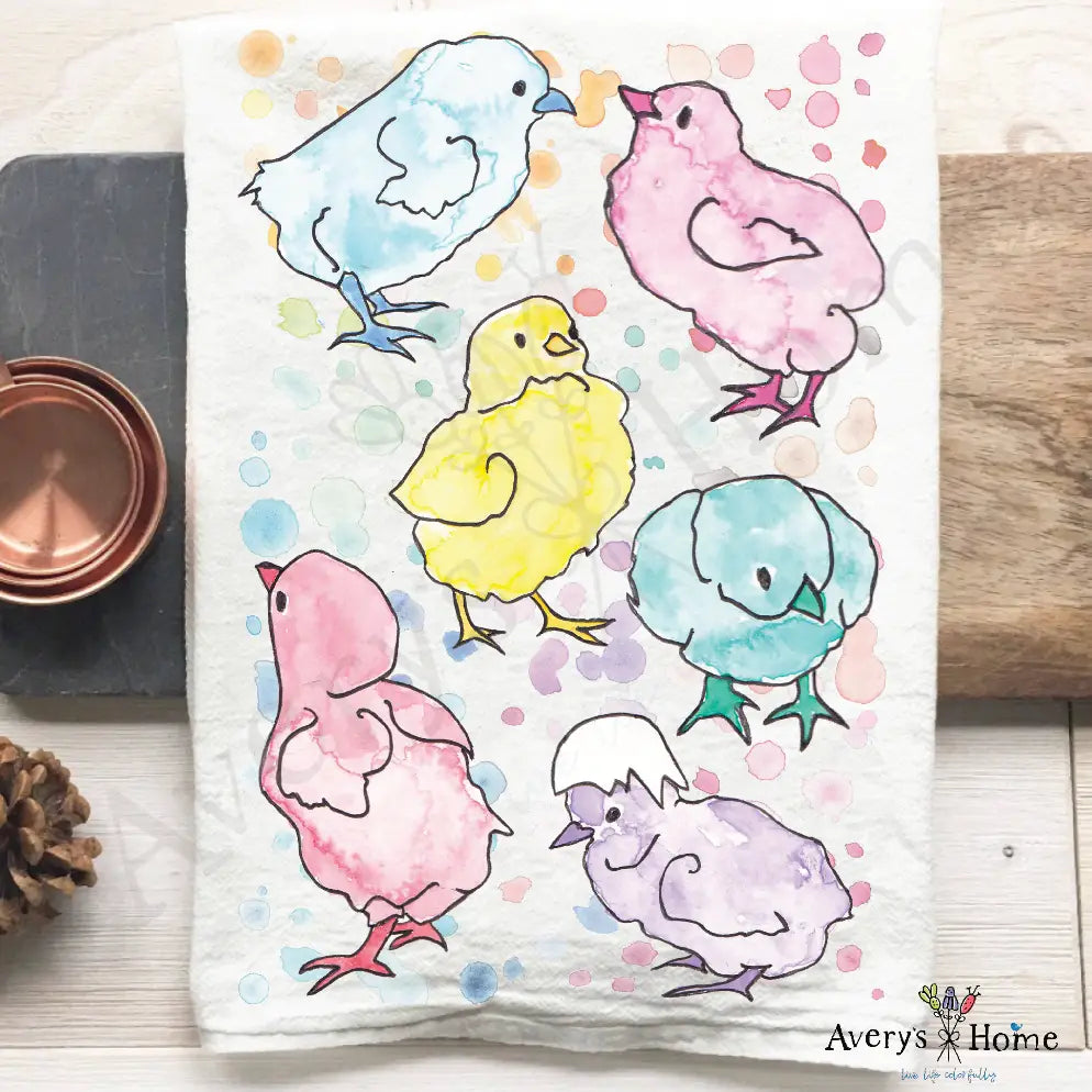 Rainbow Easter Chicks flour sack dish towel, art by Avery Jackson