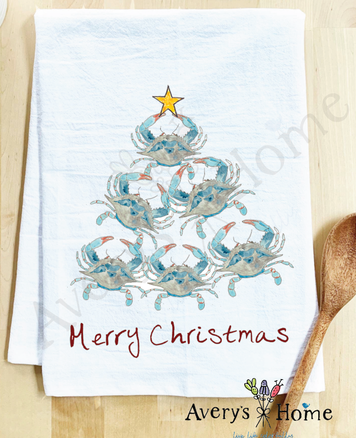 Crab Christmas Tree flour sack dish towel, art by Avery Jackson