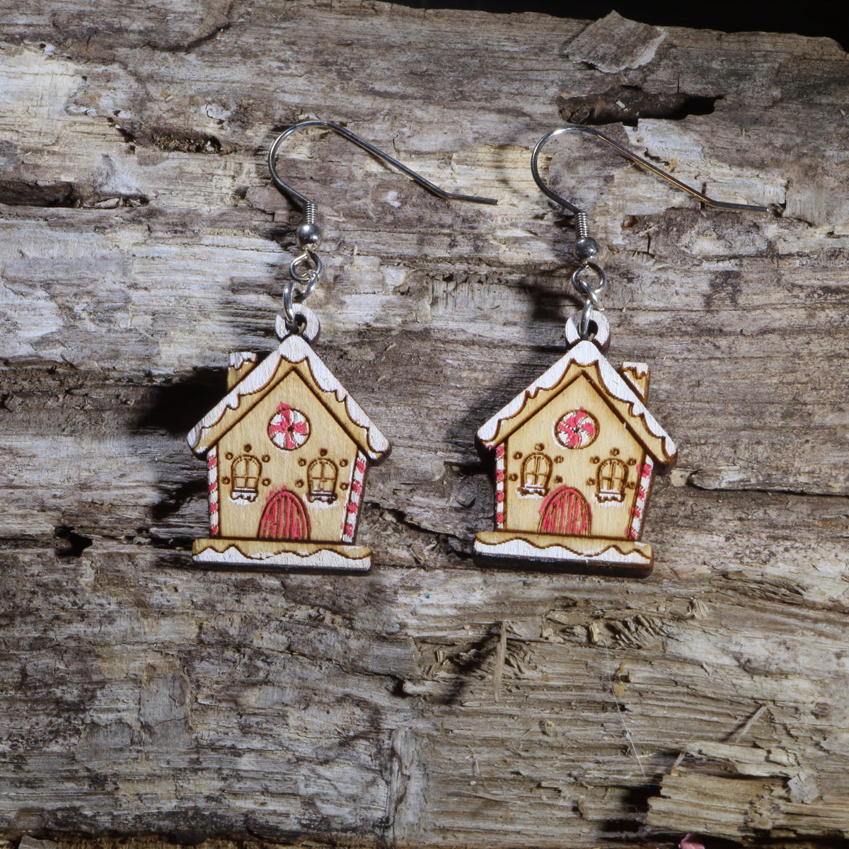 Gingerbread House Wooden Dangle Earrings | Christmas Holiday Jewelry