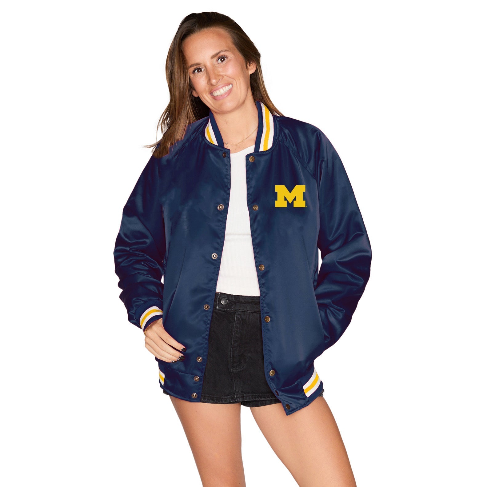University of Michigan Navy Satin Letterman Bomber Jacket
