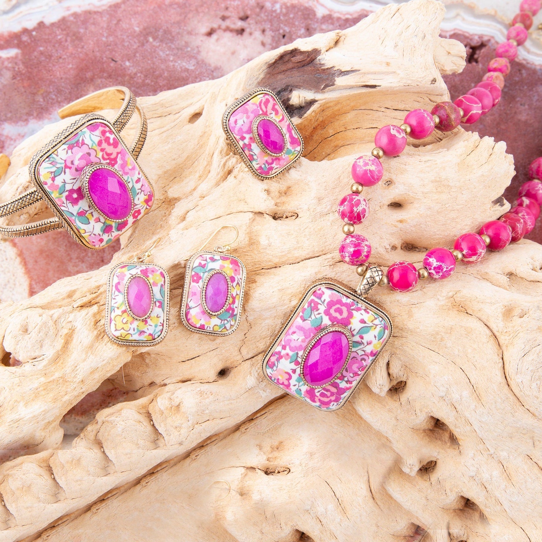 Pink Agate Stacked Stone Floral Pendant Necklace