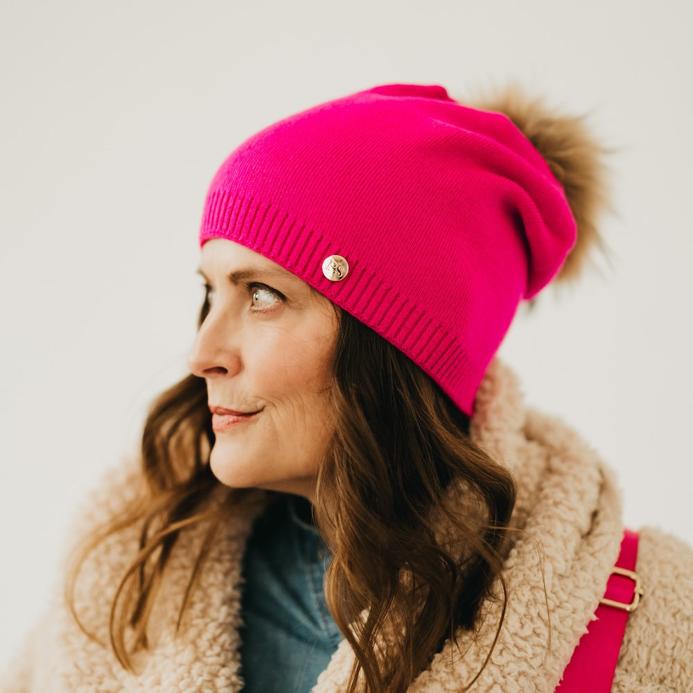 Fine Knit Fur Pom Slouchy Beanie