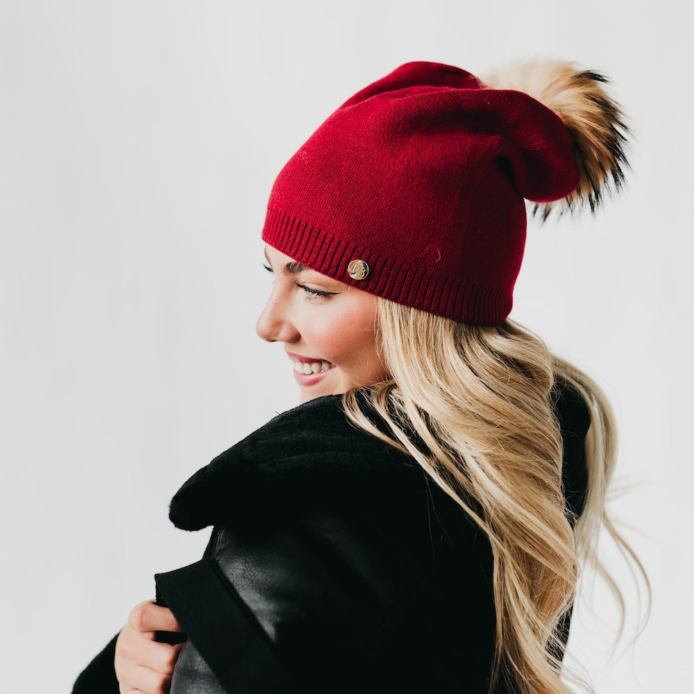 Fine Knit Fur Pom Slouchy Beanie