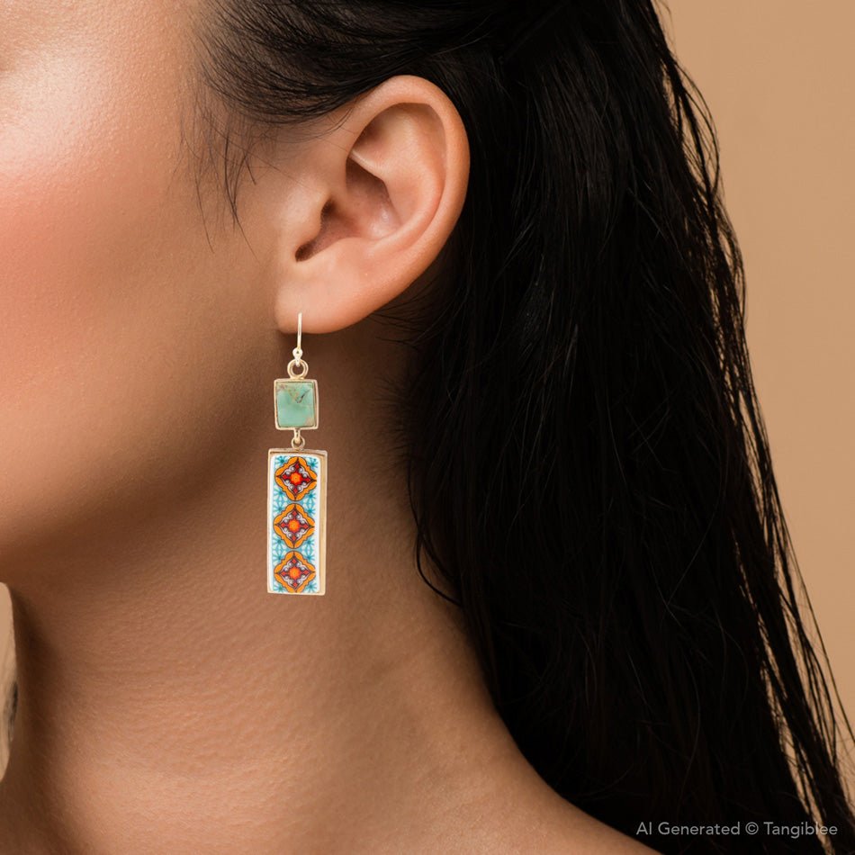 Talavera Tile and Blue Turquoise Golden Dangle Earrings