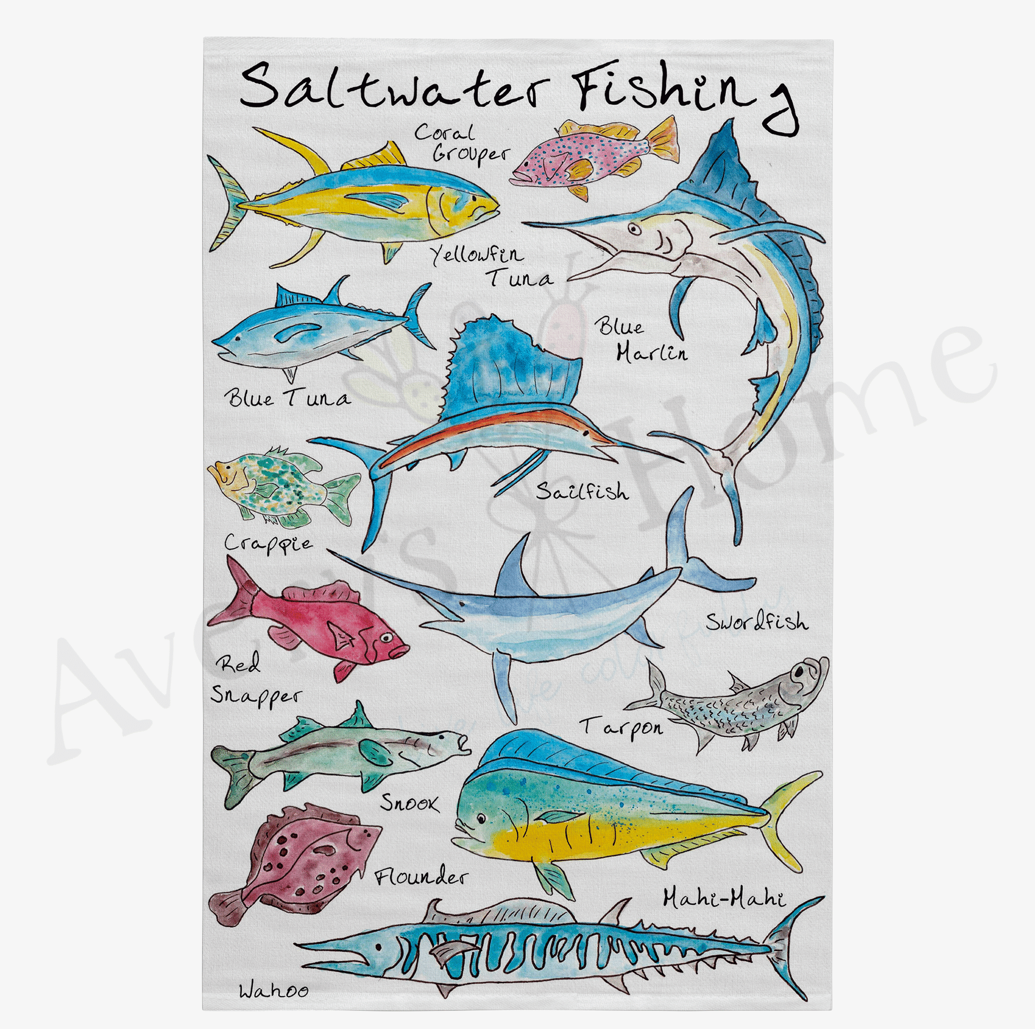 Saltwater Fishing dish towel design detail