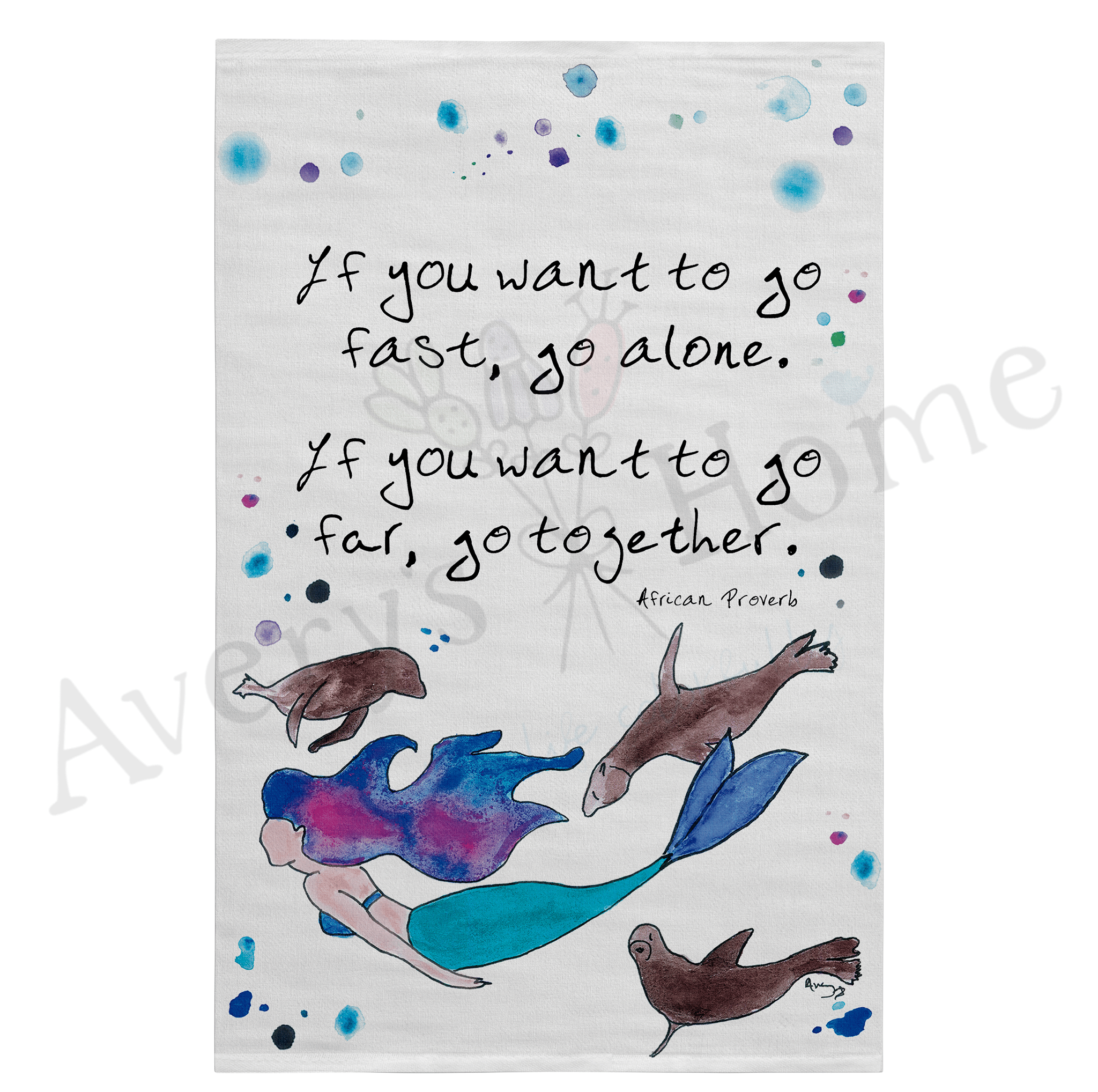 Mermaid and Seals dish towel design detail