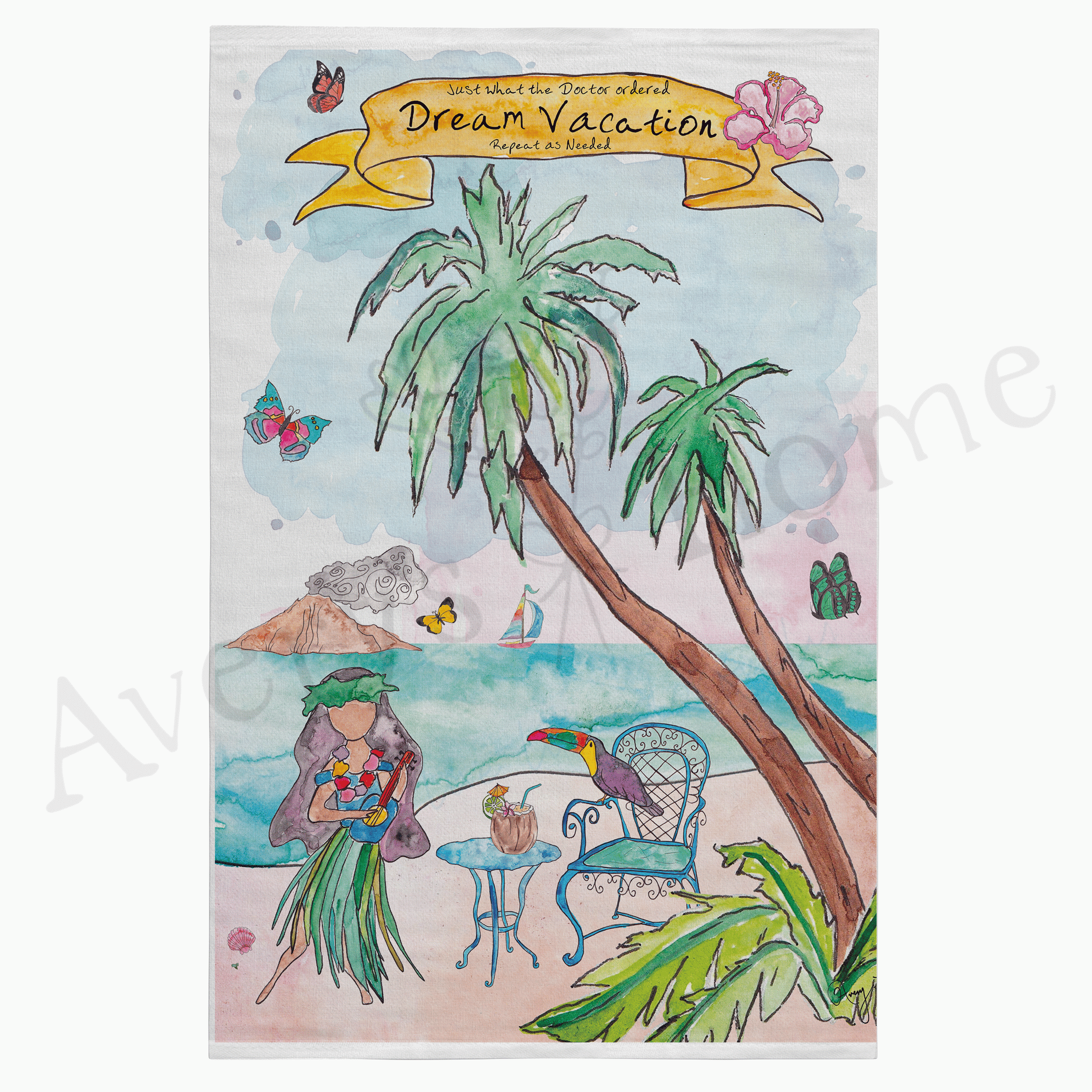 Dream Vacation dish towel hanging in the kitchen
