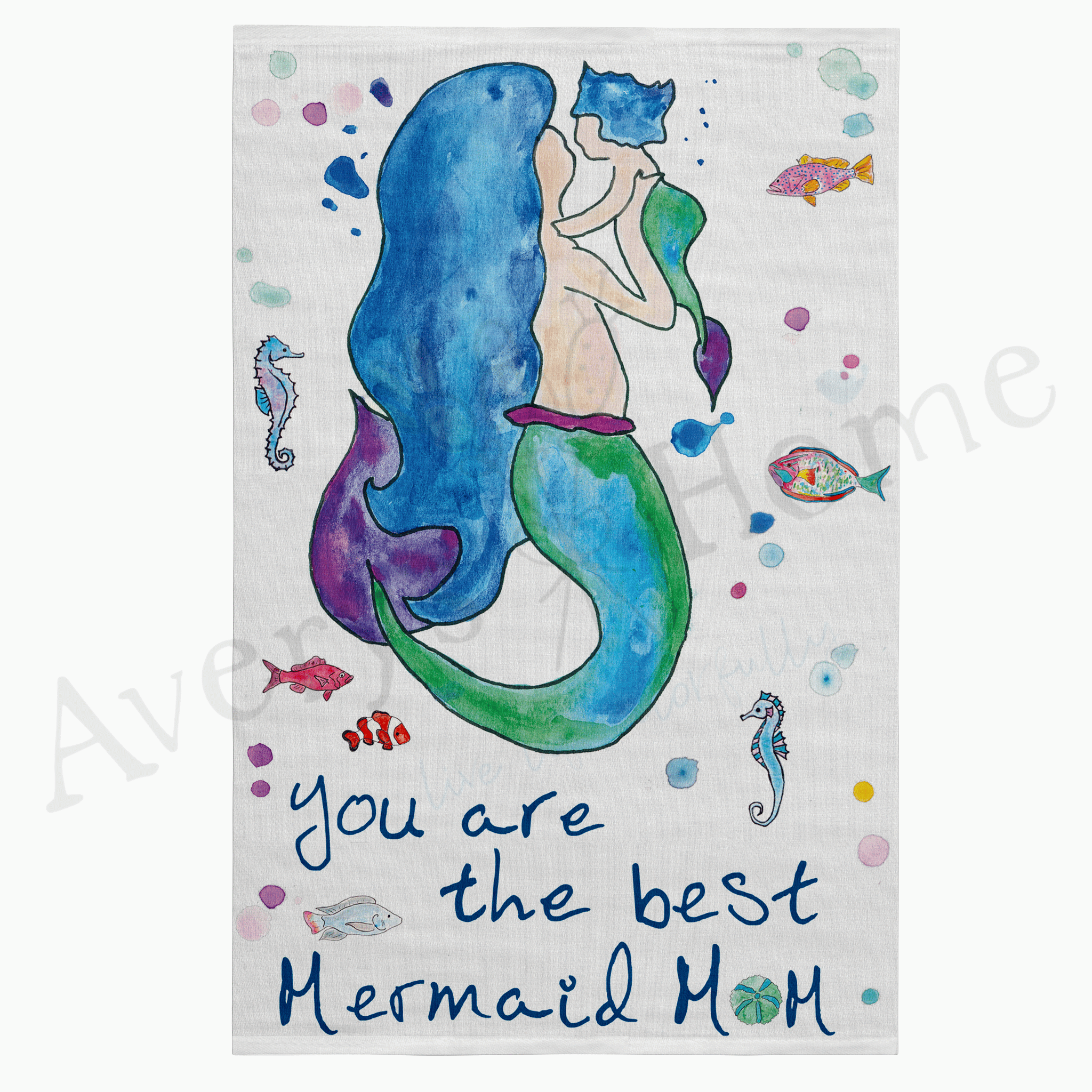 Mermaid Mom dish towel design detail