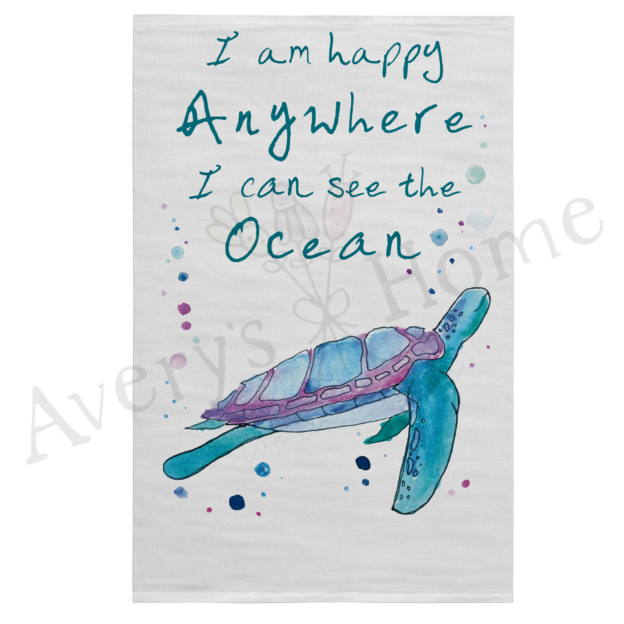 I Am Happy Anywhere Ocean Turtle dish towel design detail