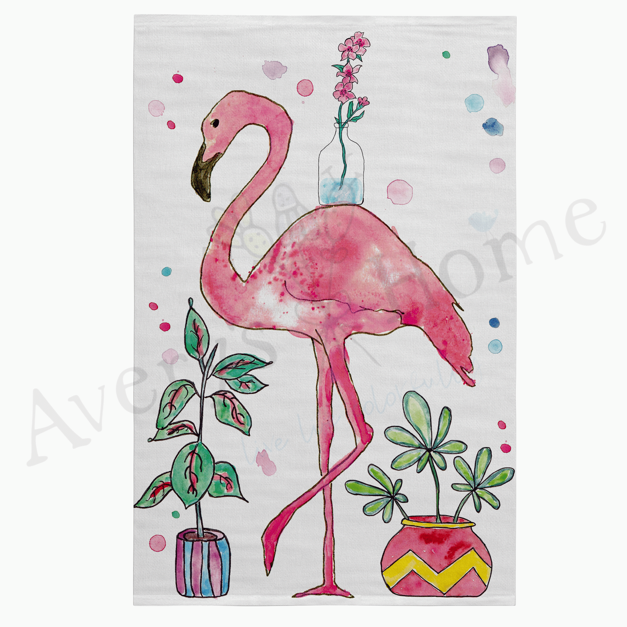 Happy Flamingo with Plants dish towel design detail