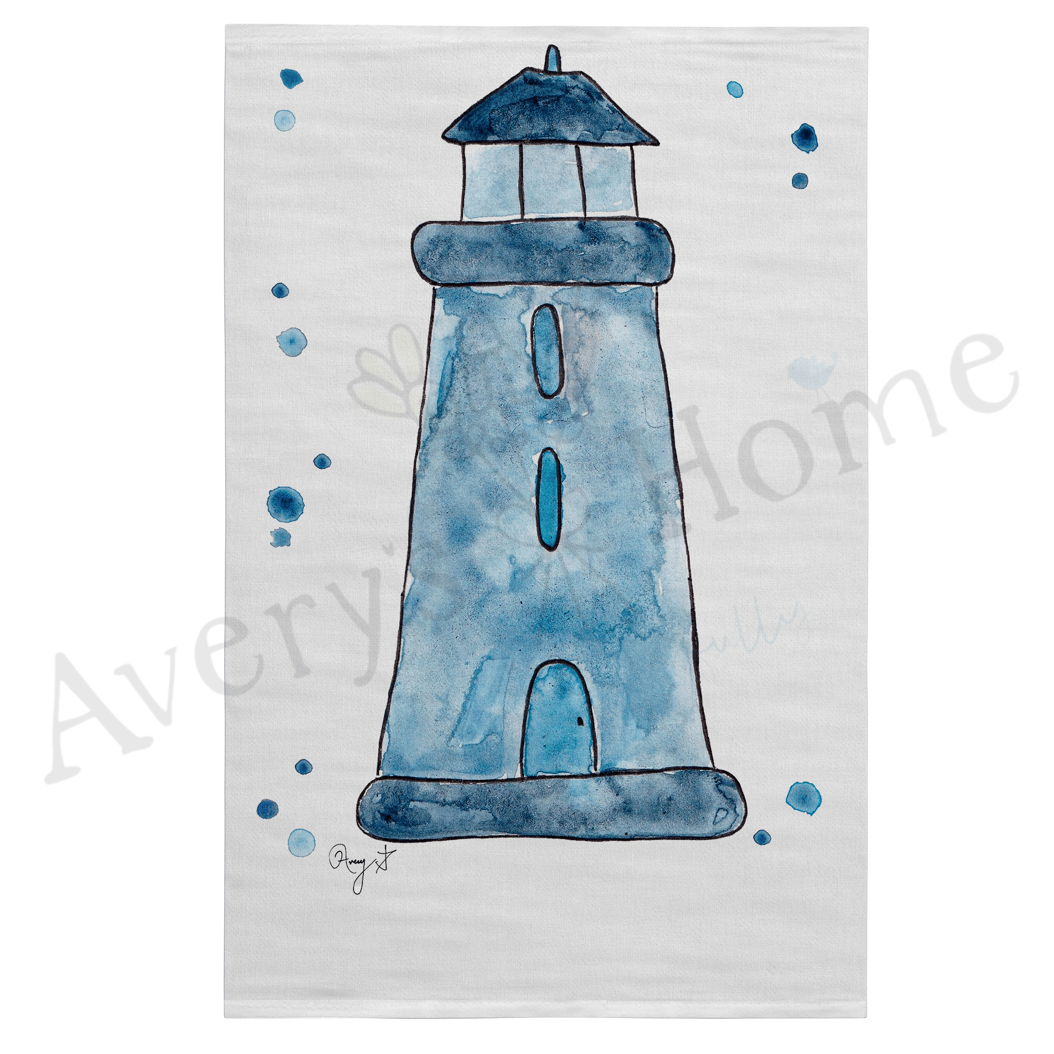 Navy Lighthouse dish towel, 27x27 flour sack cotton