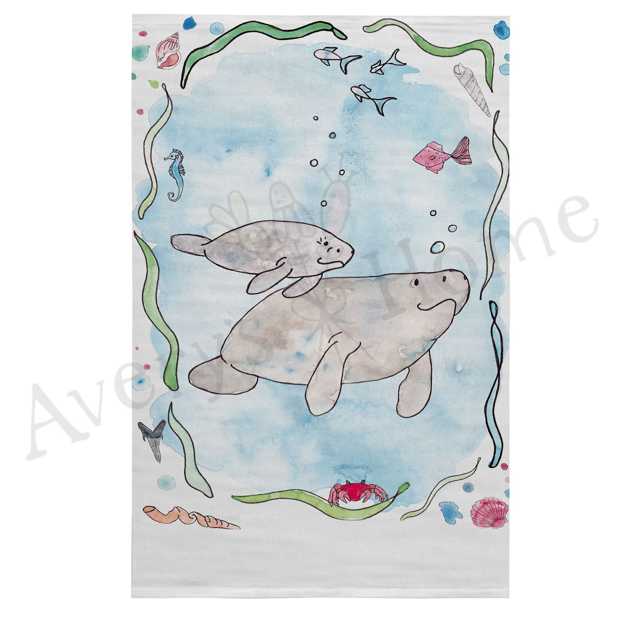 Manatee Mom and Baby dish towel, 27x27 flour sack cotton