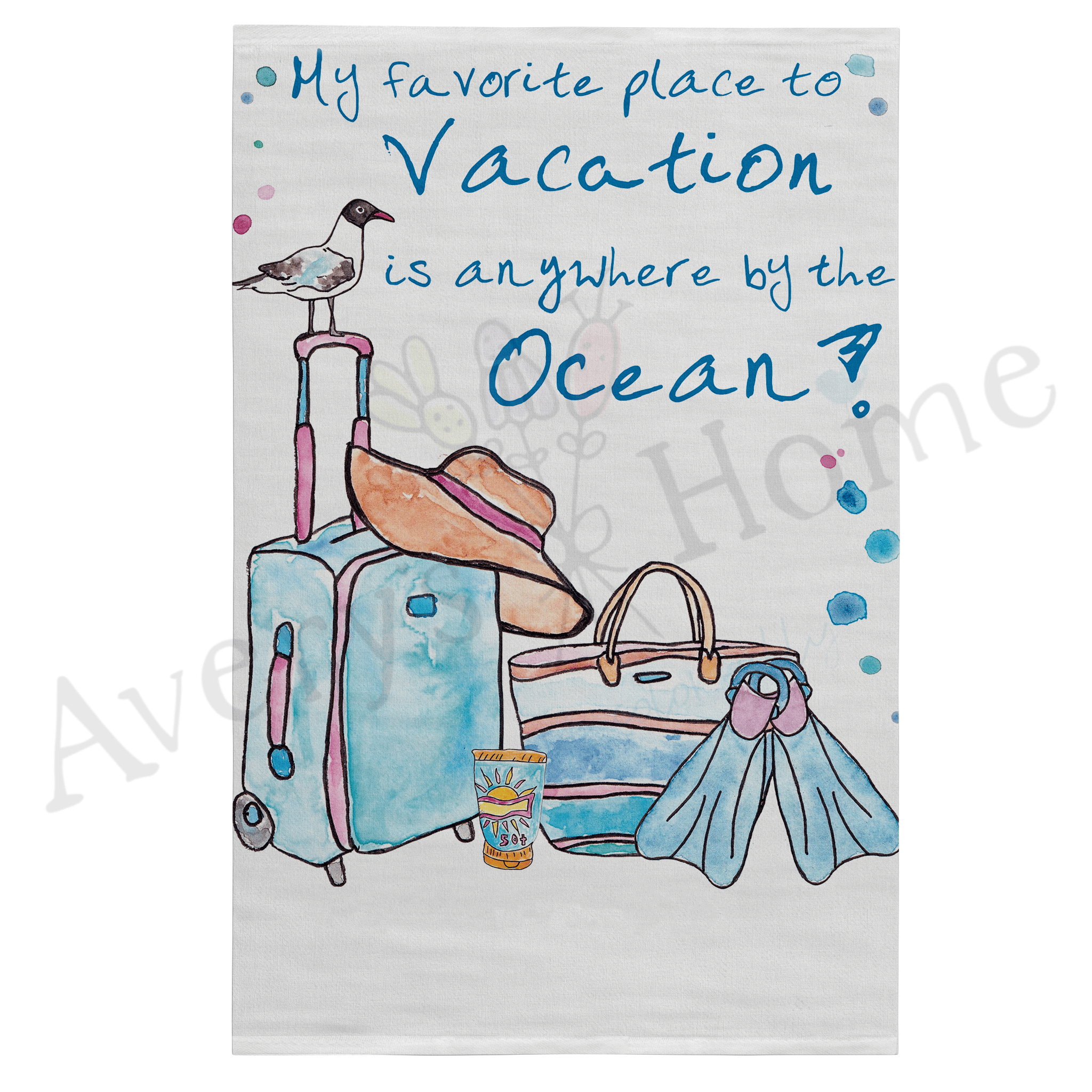 Summer Beach Vacation dish towel, 27x27 flour sack cotton